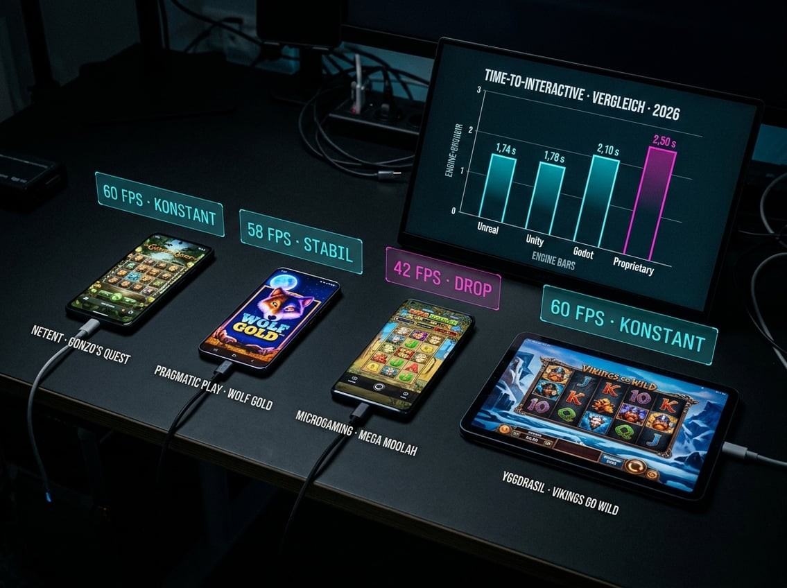 Multi-Monitor-Setup mit Chrome DevTools und Framerate-Overlay während eines Slot-Renderings zur Analyse der Casino-Engine-Performance