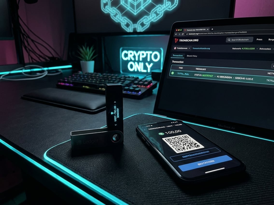 Hardware-Wallet neben Smartphone mit Krypto-Wallet-Interface und Blockchain-Explorer auf einem Laptop-Bildschirm zur Casino-Krypto-Integration