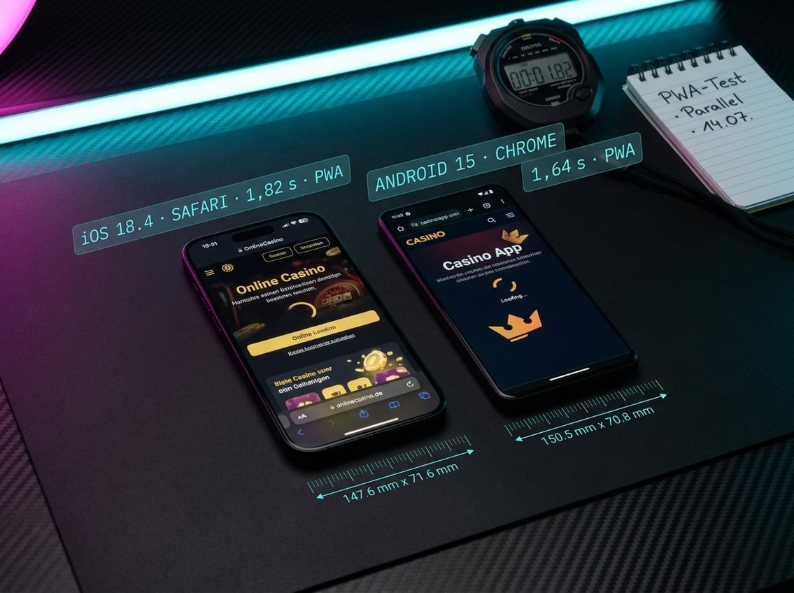 Zwei Smartphones nebeneinander mit verschiedenen Casino-Interfaces und Performance-Overlays während einer parallelen Testsession
