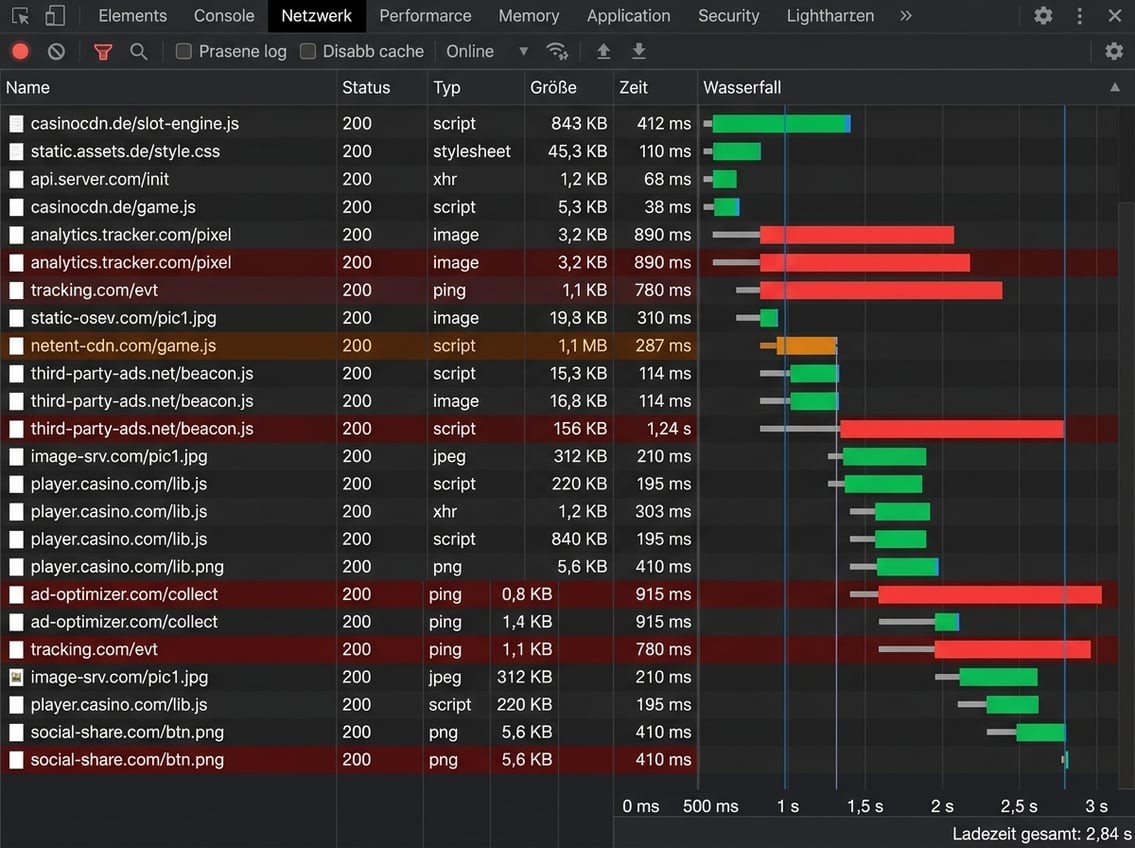 Chrome DevTools mit einem Wasserfalldiagramm der Netzwerkanfragen einer Casino-Plattform, farbig markierte Third-Party-Requests